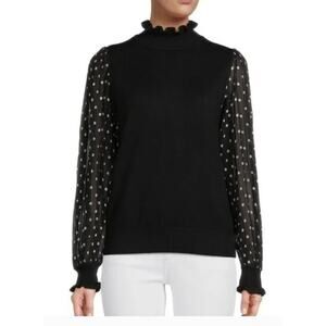 Nanette Lepore Black Contrast Sleeve Sweater Large Polka Dot Ruffle Turtleneck